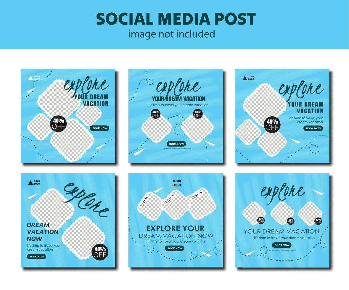 Editable template flat travel social media post collection, travel promotion fyler posts, blue template post for social media ad. web banner ads for travel promotion vector