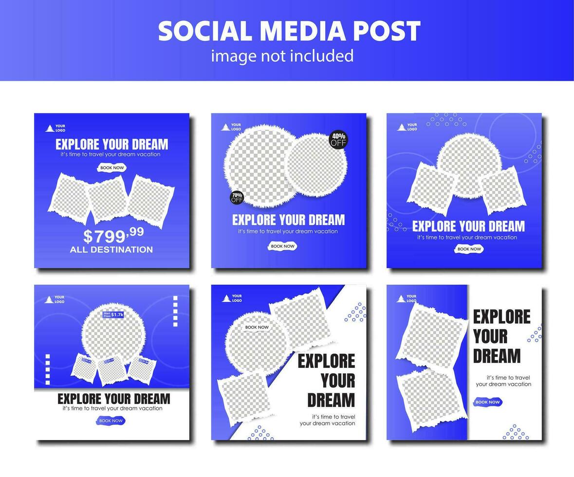 Editable template flat travel social media post collection, travel promotion fyler posts, gradient template post for social media ad. web banner ads for travel promotion vector
