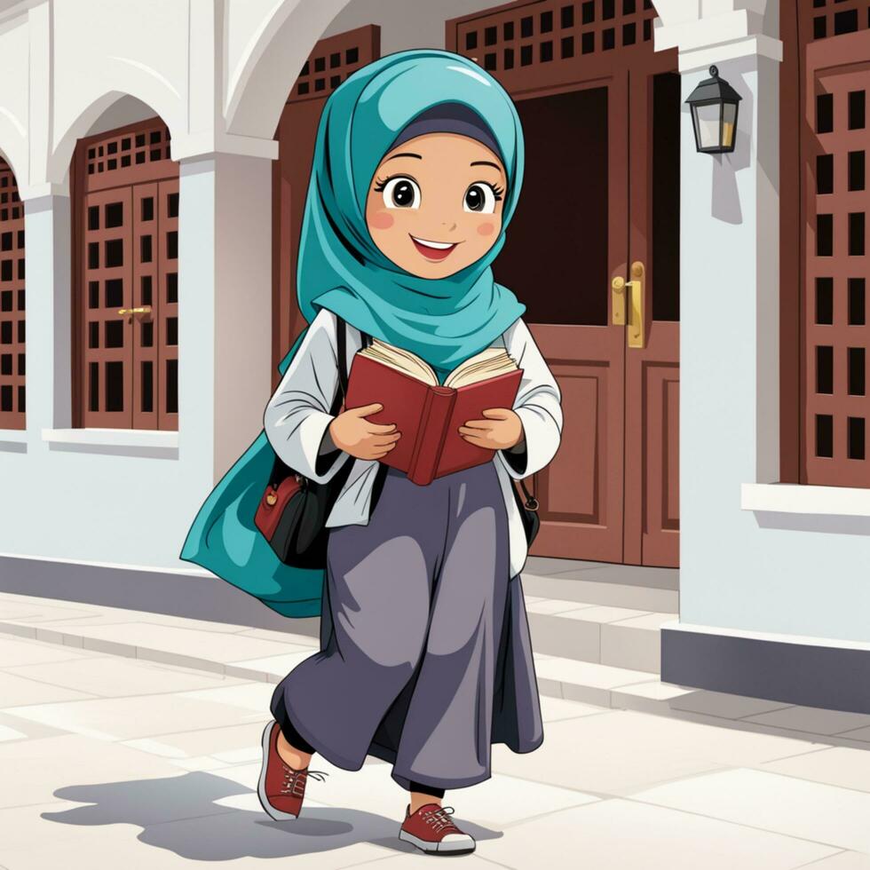 AI generated illustration of a small Indonesian student wearing a full body hijab, enthusiastic about learning, holding a book photo