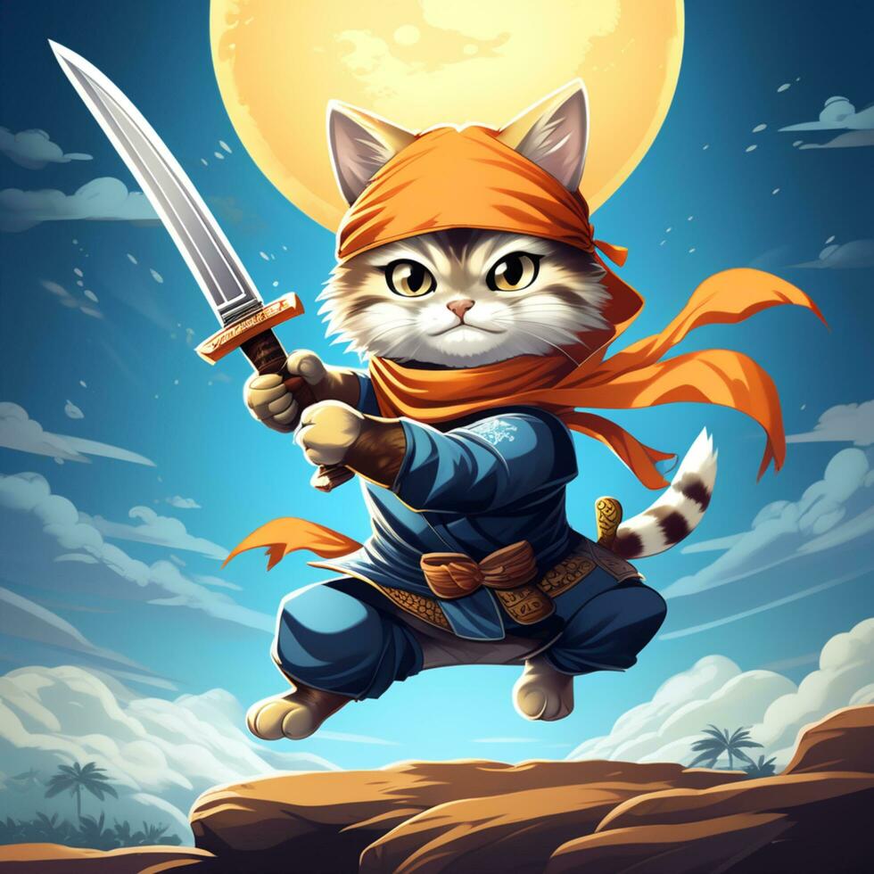 AI generated illustration of a ninja cat holding a sword with a headband photo