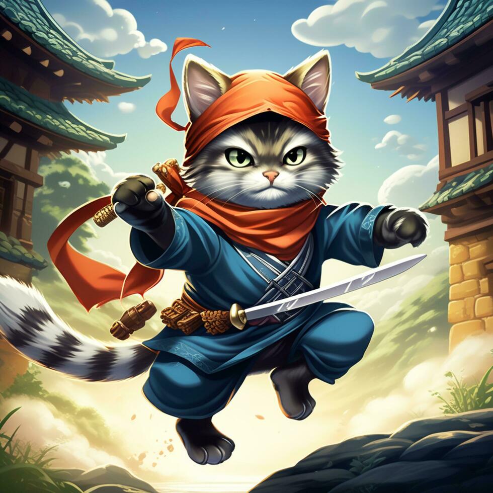 AI generated illustration of a ninja cat holding a sword with a headband photo