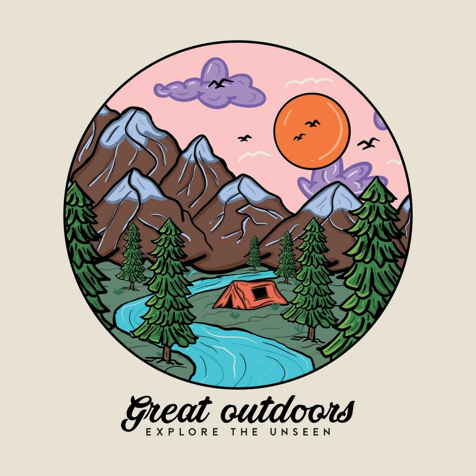Great Outdoors Mountain camping. Adventure vintage print design for t shirt and others. Mountain lake graphic artwork. Mountain hiking graphic artwork for t shirt and others. vector