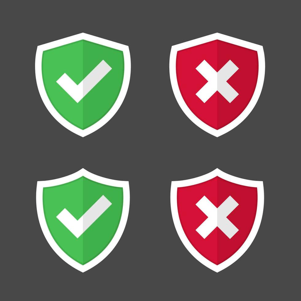 Shield with checkmark and x cross mark. Red and green shields symbol vector