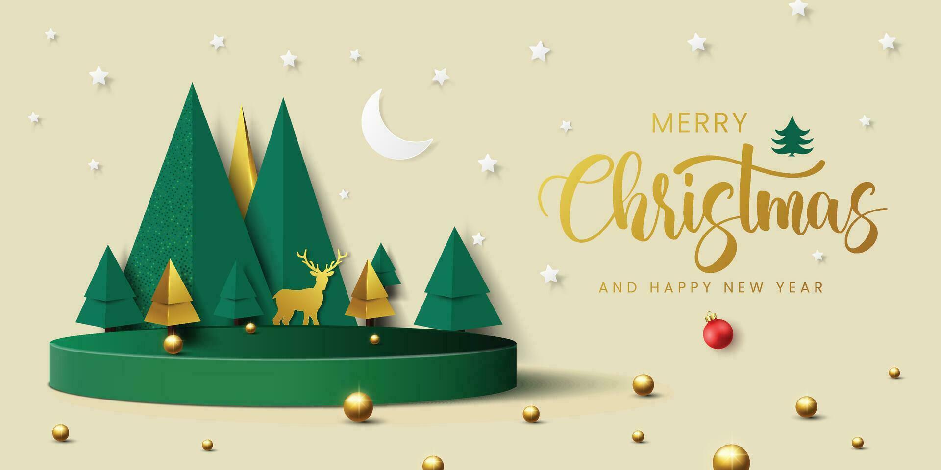 Merry christmas and happy new year greeting card with illustration. green and golden combination. vector