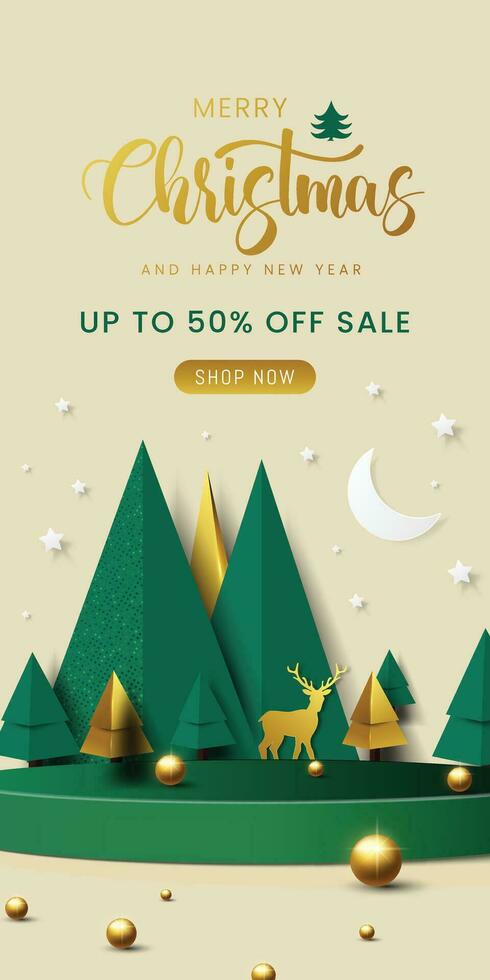 Merry christmas and happy new year greeting card with illustration. green and golden combination. vector