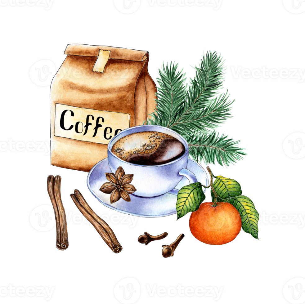 Watercolor illustration white cup with coffee, craft package, fir branches, tangerine, cinnamon, anise, cloves. New Year picture with cocoa isolated. Compositions for posters, cards, banners, flyers, png