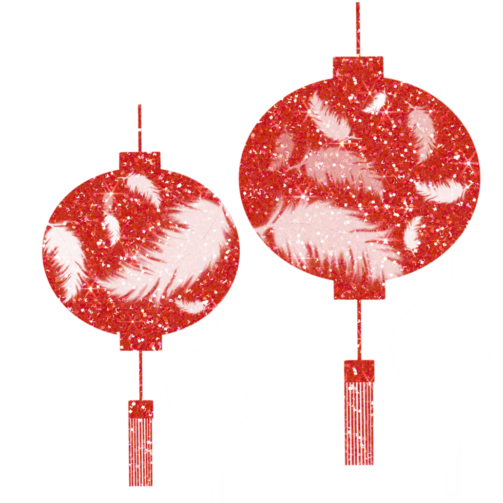 Red glitter Chinese lanterns feather. asian new year lamps. Chinese new year. Design for decorating,background, wallpaper, illustration png