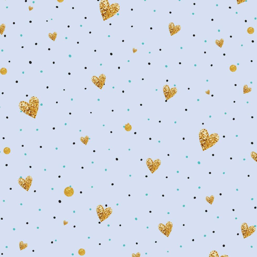 Blue Background With Gold Hearts And Polka Dots vector