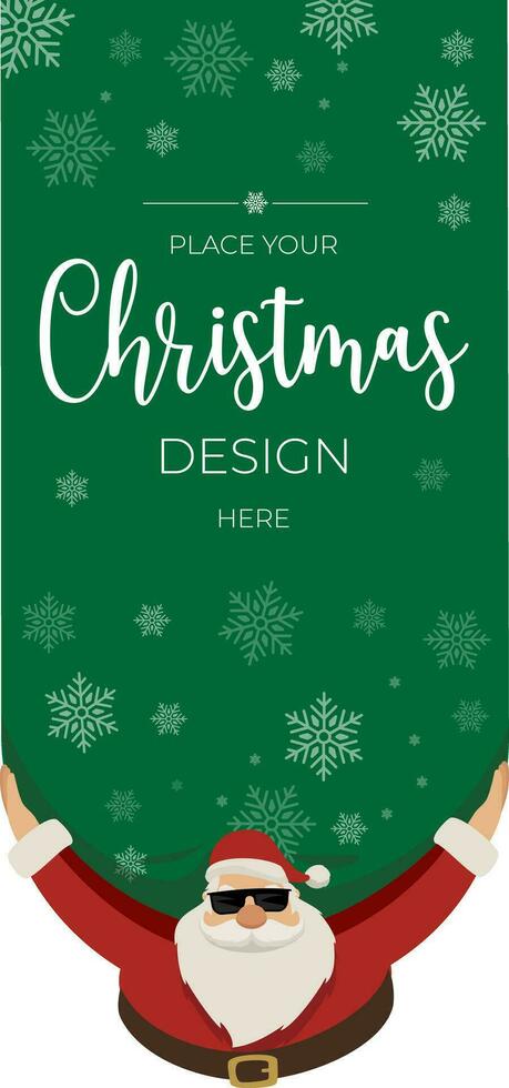 Colorful bright Christmas greeting card. Cool Santa Claus with glasses and a huge bag delivering gifts. Template for your text or design. Merry Christmas and Happy New Year. vector
