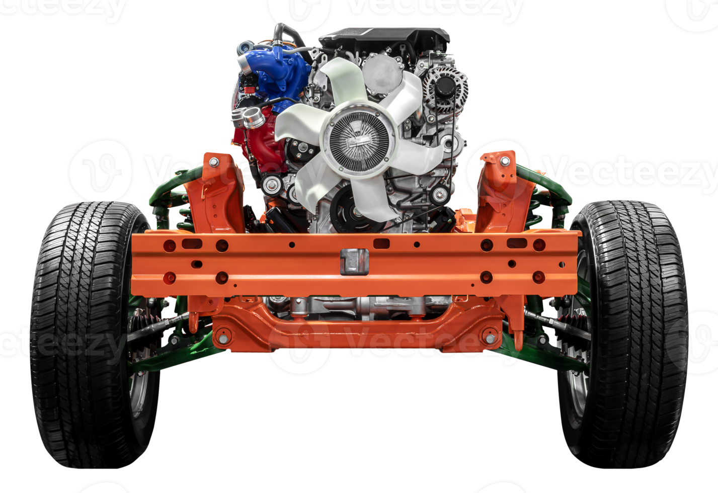 Mock up truck engine with chassis and tire png