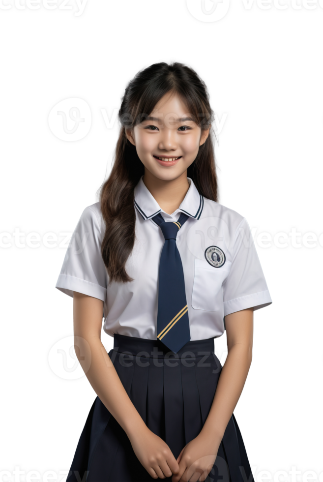 ai gegenereerd portret van mooi glimlachen Aziatisch meisje vervelend school- uniform png