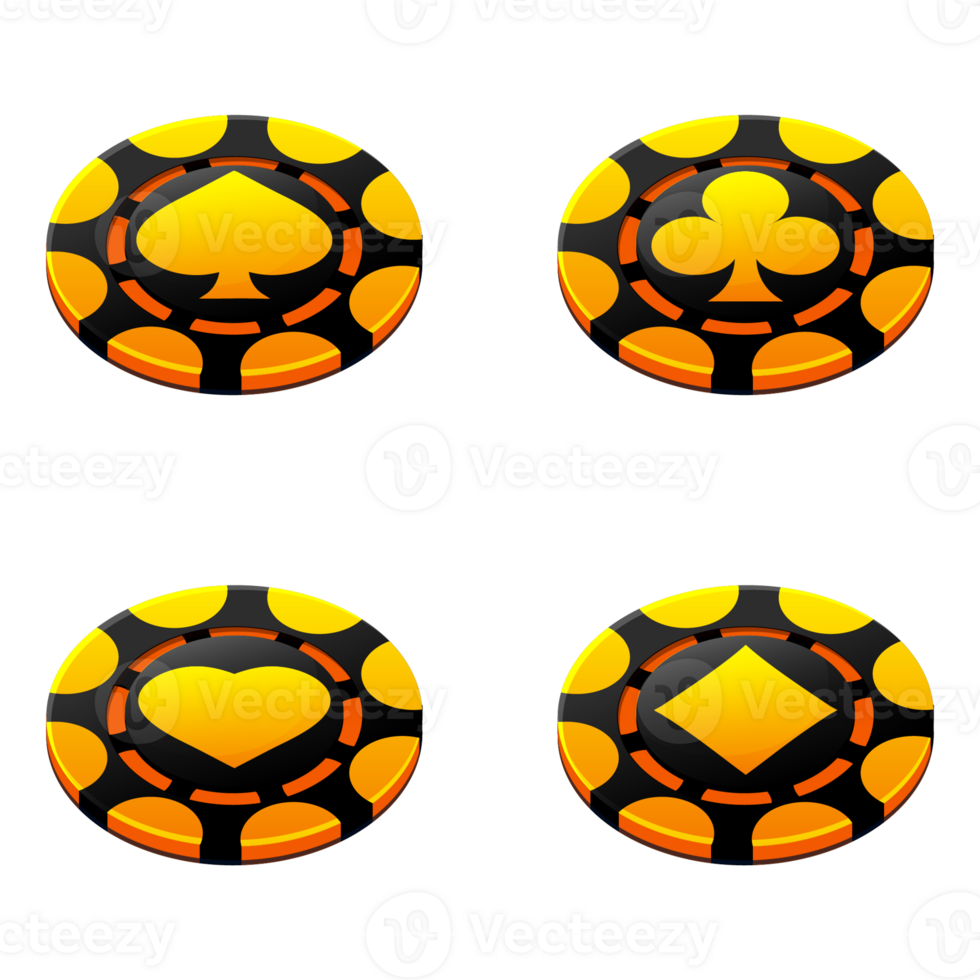 Set of gold and black poker chips, a token with suits on white. Diamonds, clubs, hearts, spades. Vector illustration for casino, game design, flyer, poster, banner, web, advertising png