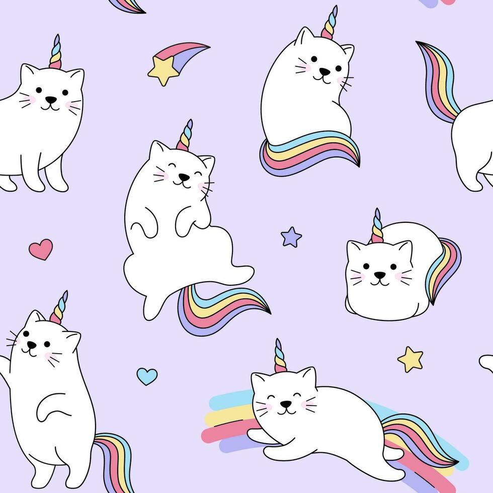 Cat unicorns seamless pattern, background. Fantasy cute rainbow illustrations vector