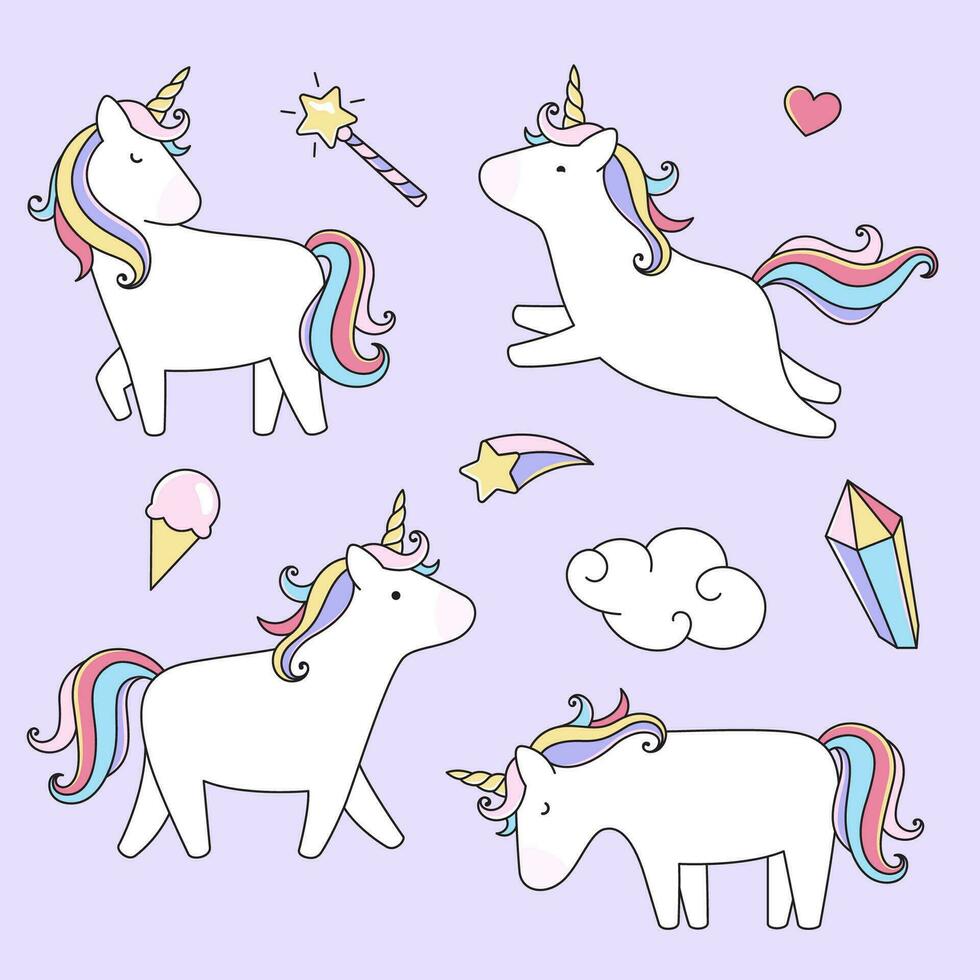 Unicorns, set of cartoon style illustrations, fantasy horses, cute rainbow illustrations vector