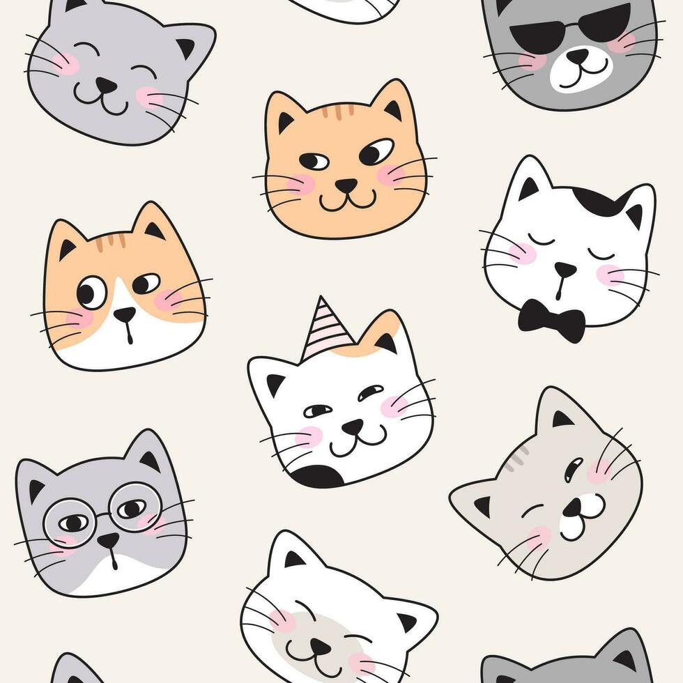 Funny cat faces seamless pattern, background. Animal character pet faces. Doodle illustrations, cartoon, comic style drawings vector