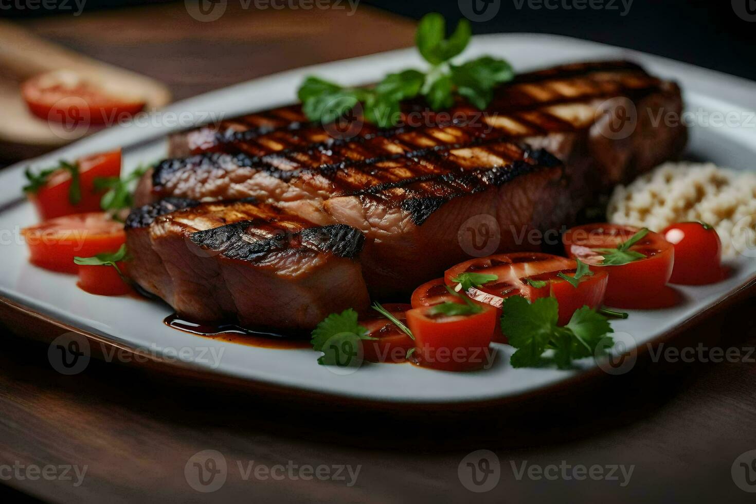 AI generated grilled steak on a plate with tomatoes and rice photo