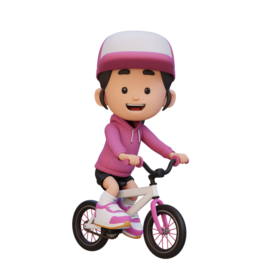 3D girl character ride bike go to school png