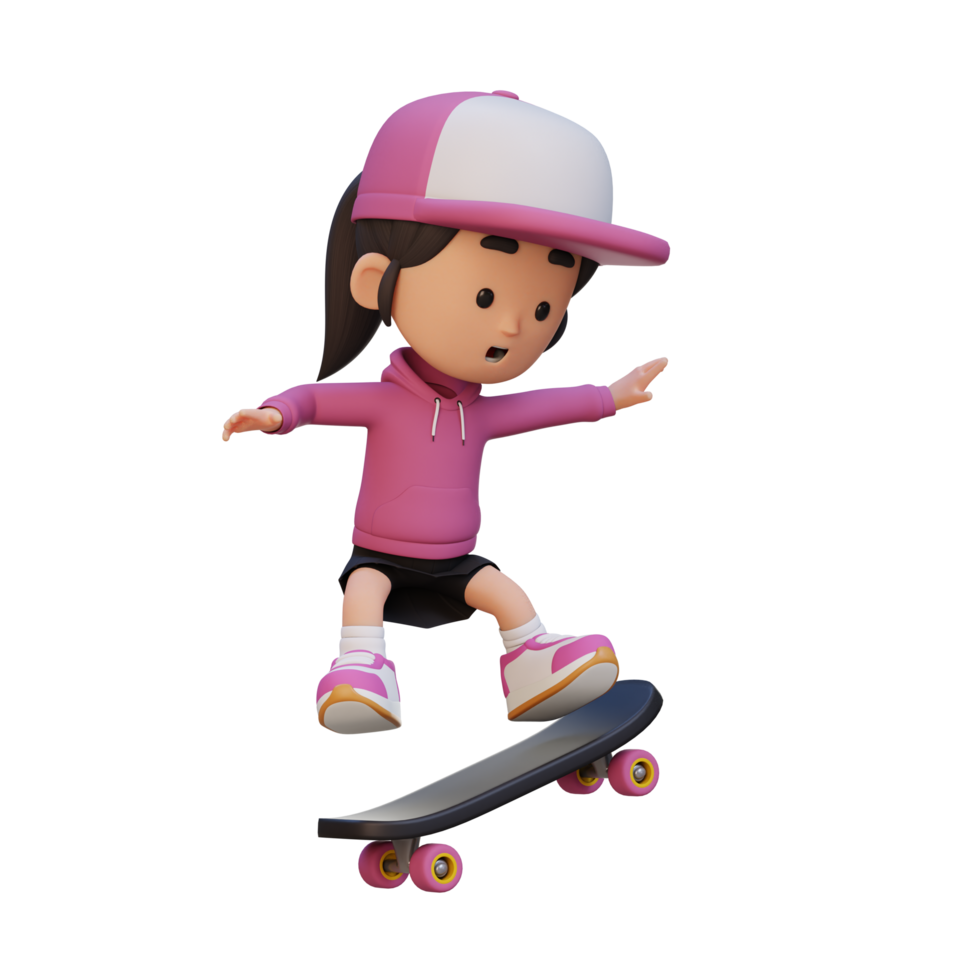3D girl character ride skateboard png