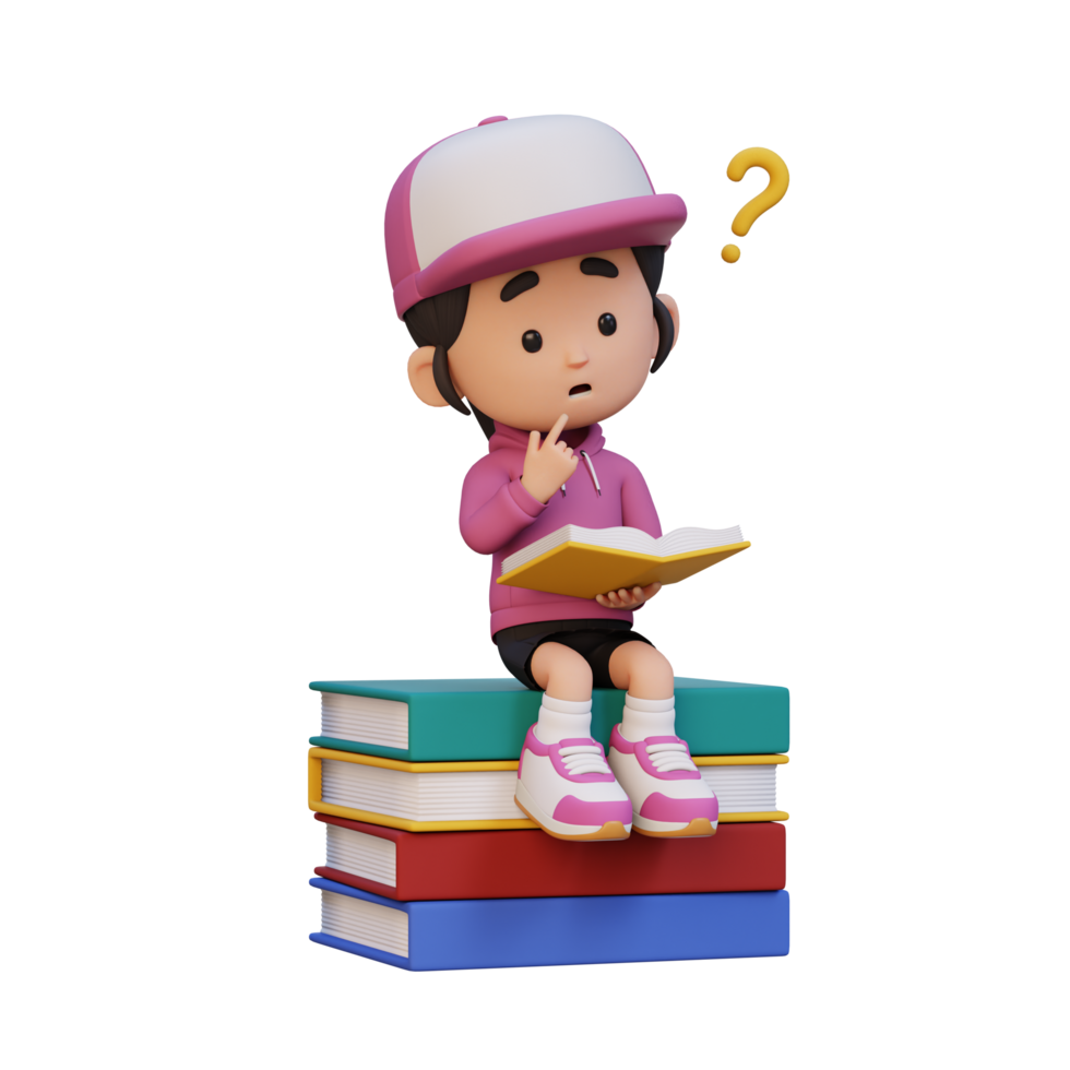 3d menina personagem pegue confuso quando lendo uma livro png