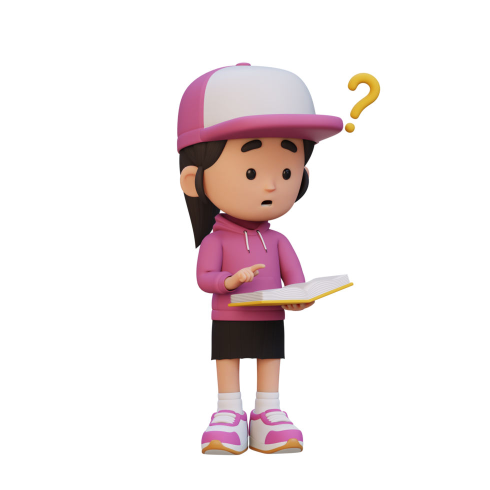 3D girl character get confused when reading a book png