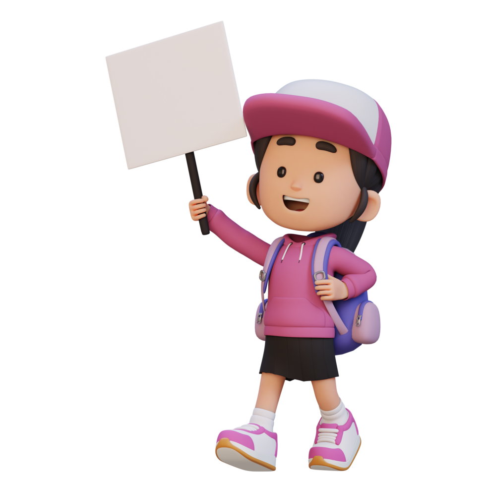3D girl character holding a blank placard png