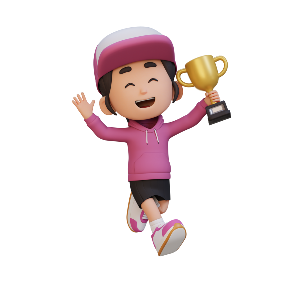 3D girl character celebrating win holding a trophy png