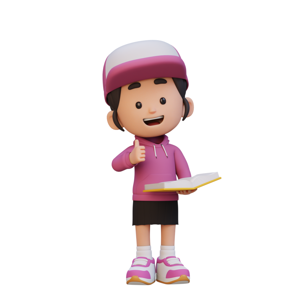 3D happy girl character reading book png