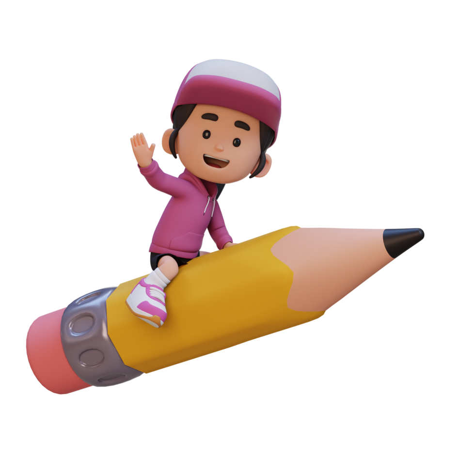 3D girl character riding a pencil and waving hand png