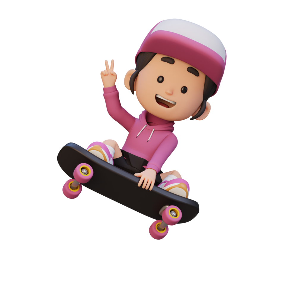 3D girl character ride skateboard png