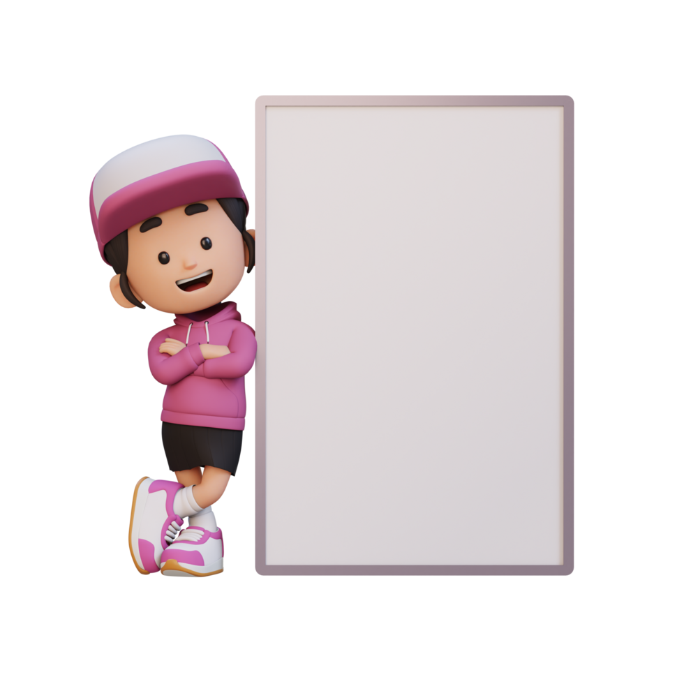 3D girl character holding a blank placard png