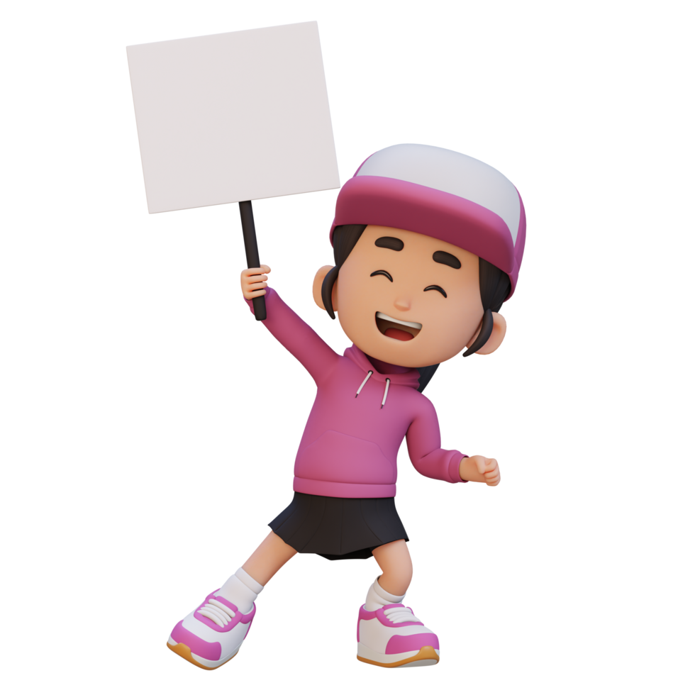 3D girl character holding a blank placard png