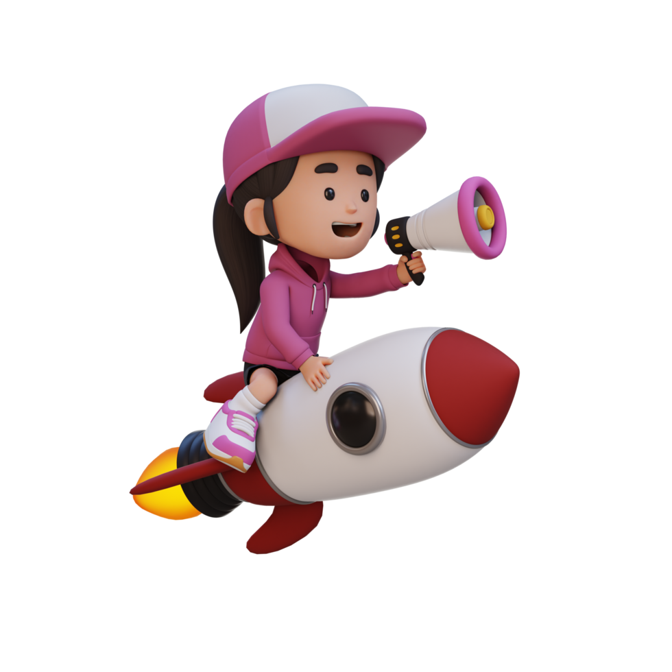 3D girl character riding a rocket and holding megaphone png