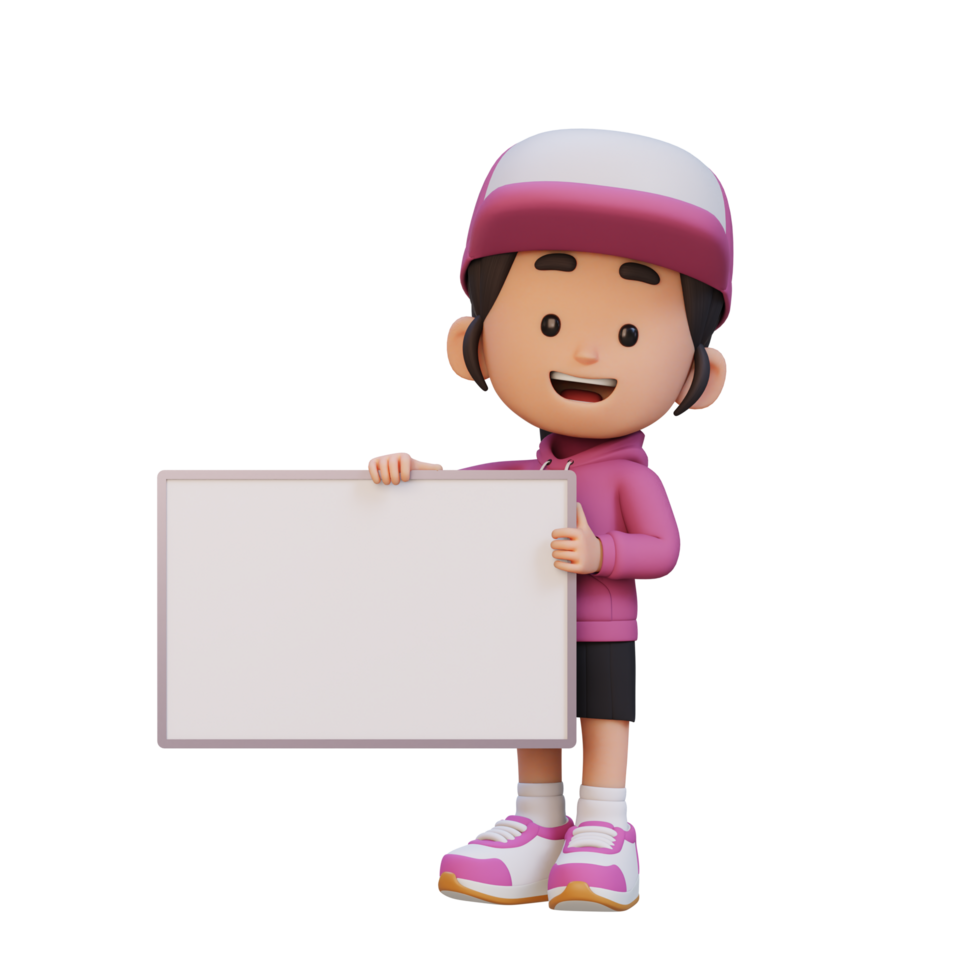 3D girl character holding a blank placard png