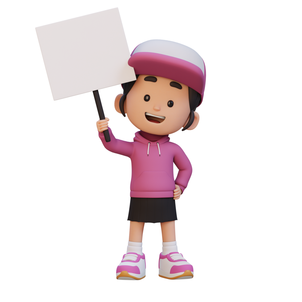 3D girl character holding a blank placard png