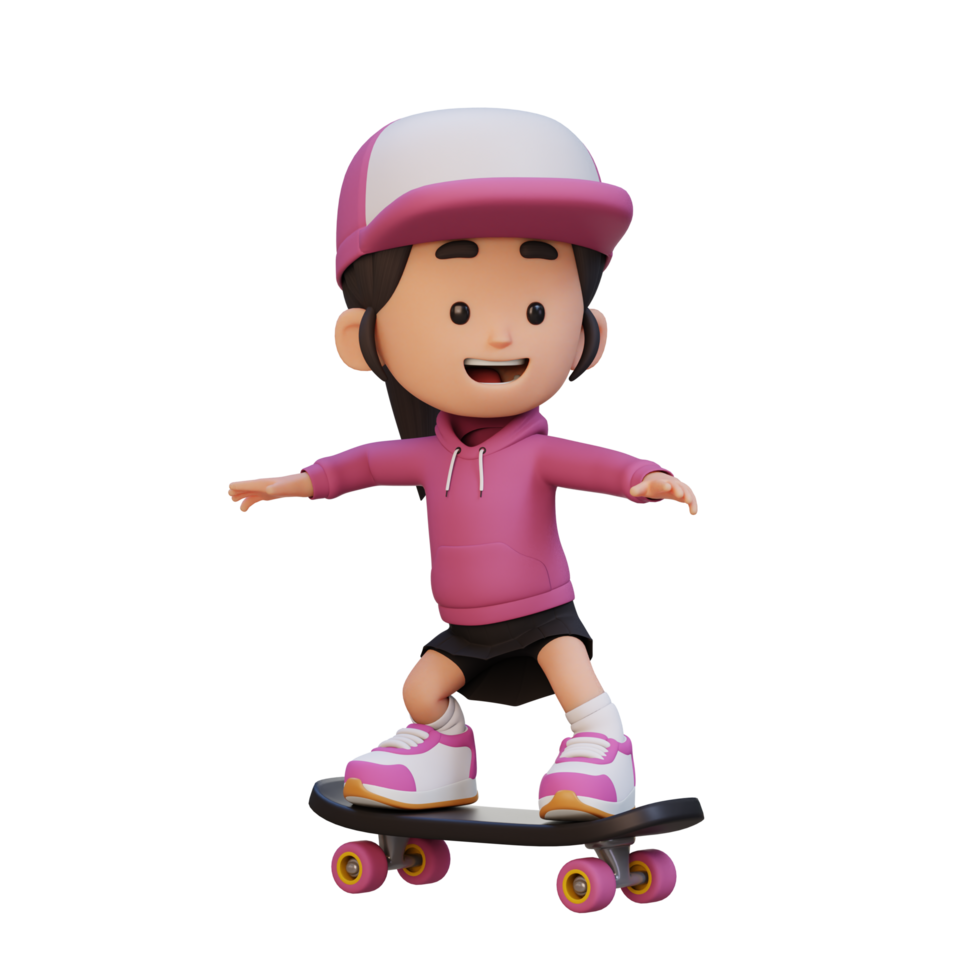 3D girl character ride skateboard png