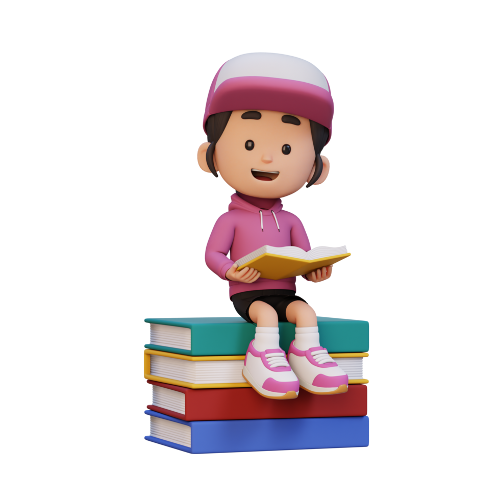 3D happy girl character reading book png