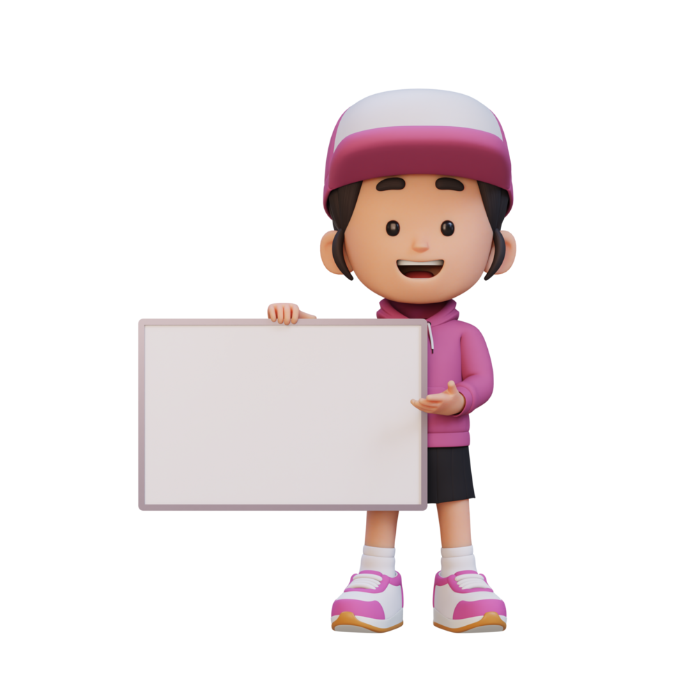 3D girl character holding a blank placard png