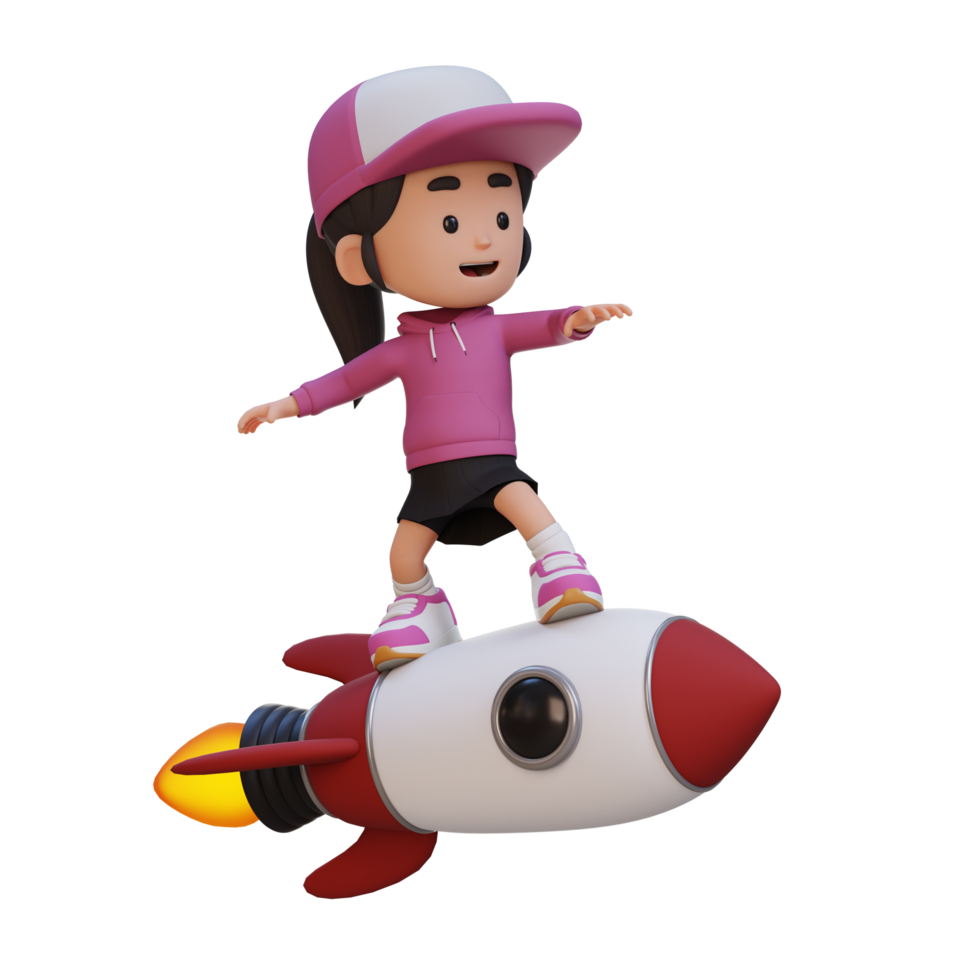 3D girl character standing riding a rocket png