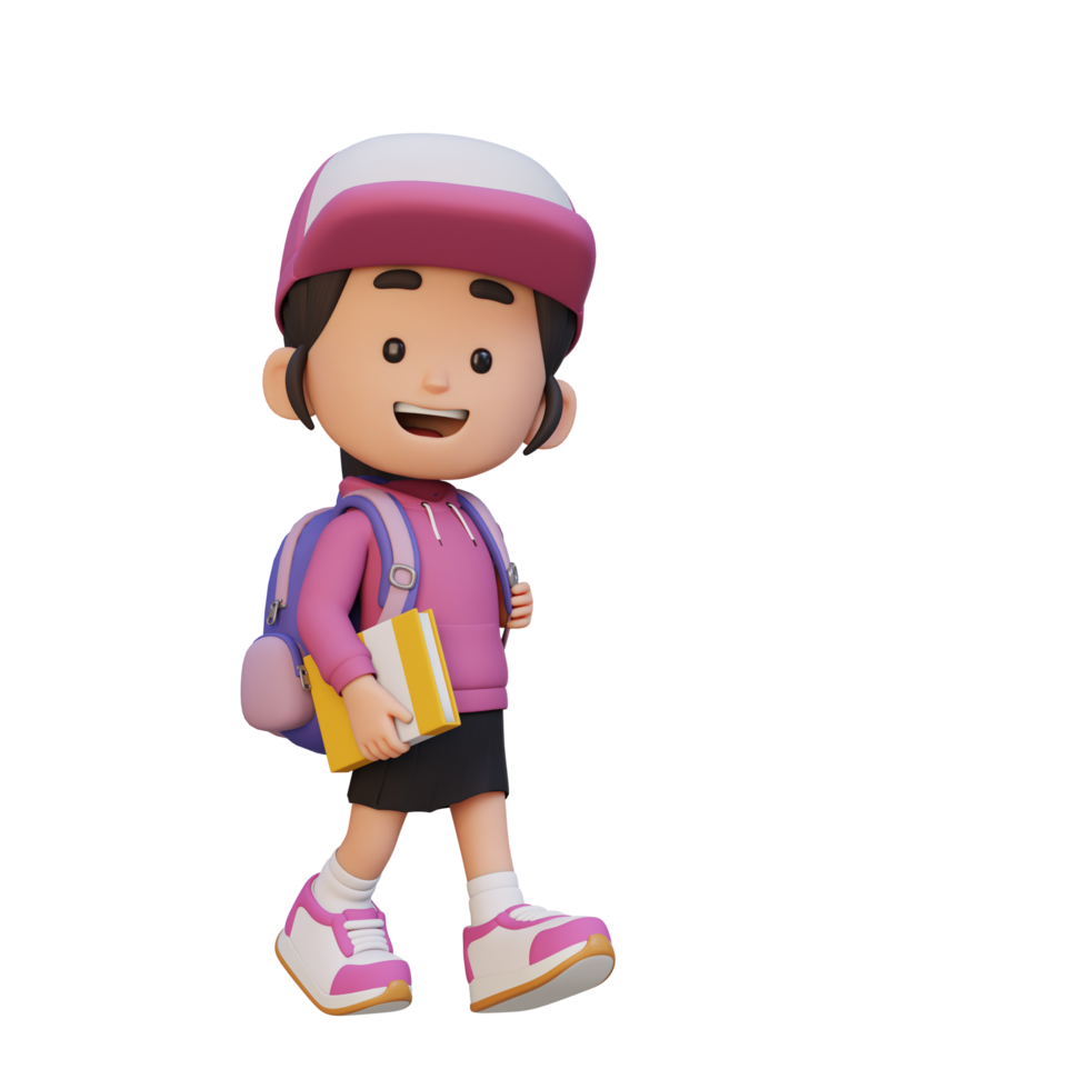 3D happy girl character walking go to school holding book png