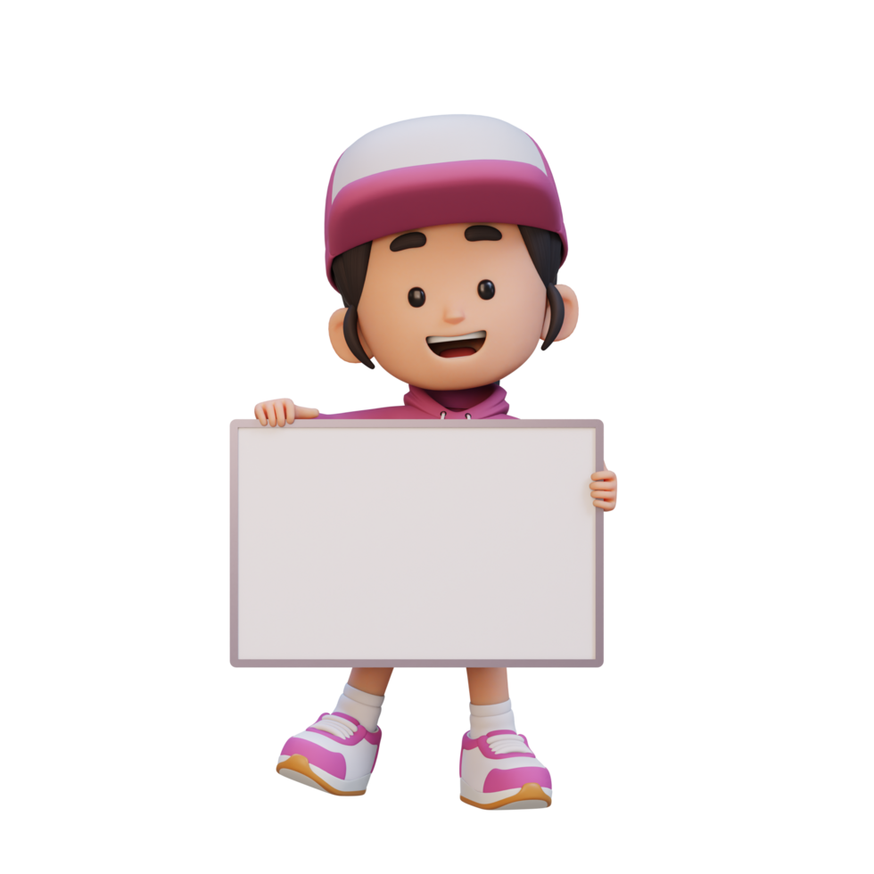 3D girl character holding a blank placard png