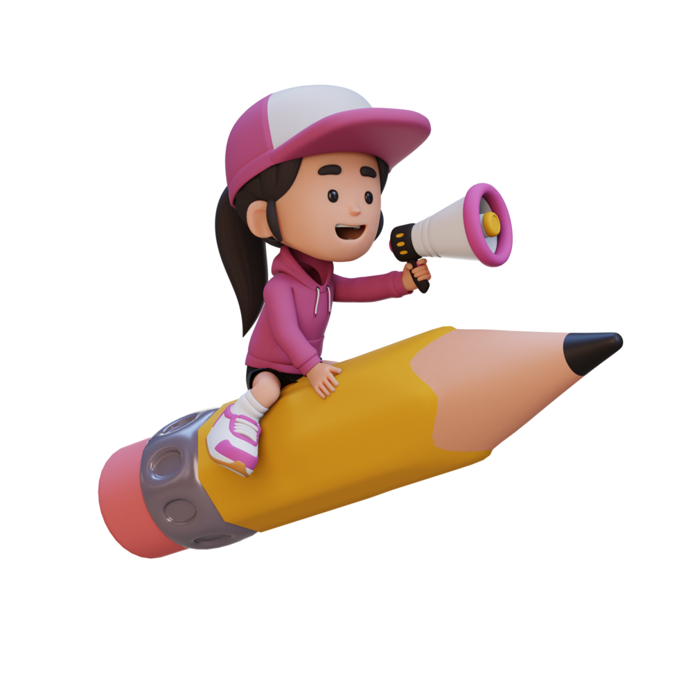 3D girl character riding a pencil and holding megaphone png