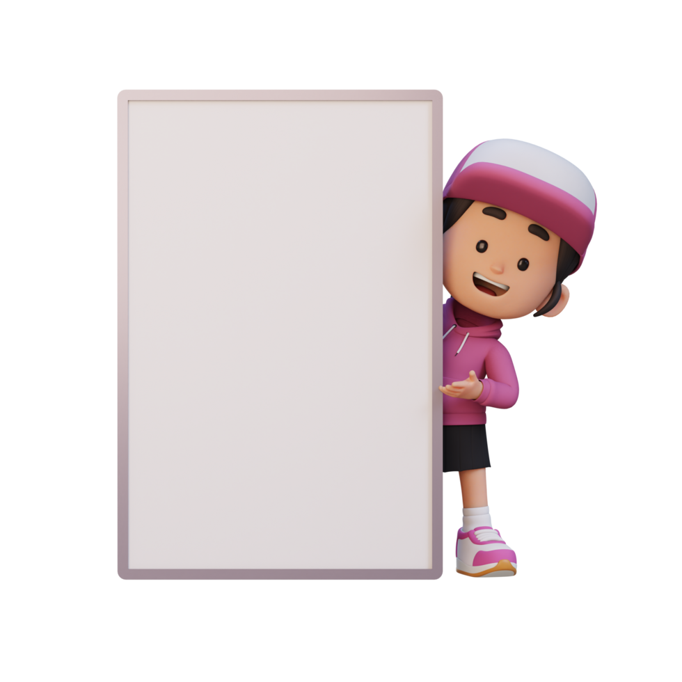 3D girl character holding a blank placard png