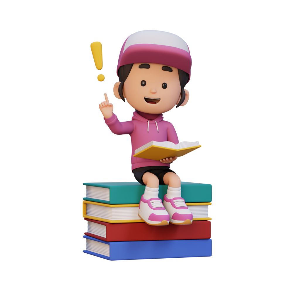 3D girl character get an idea when reading a book png