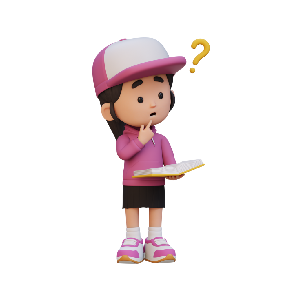 3D girl character get confused when reading a book png