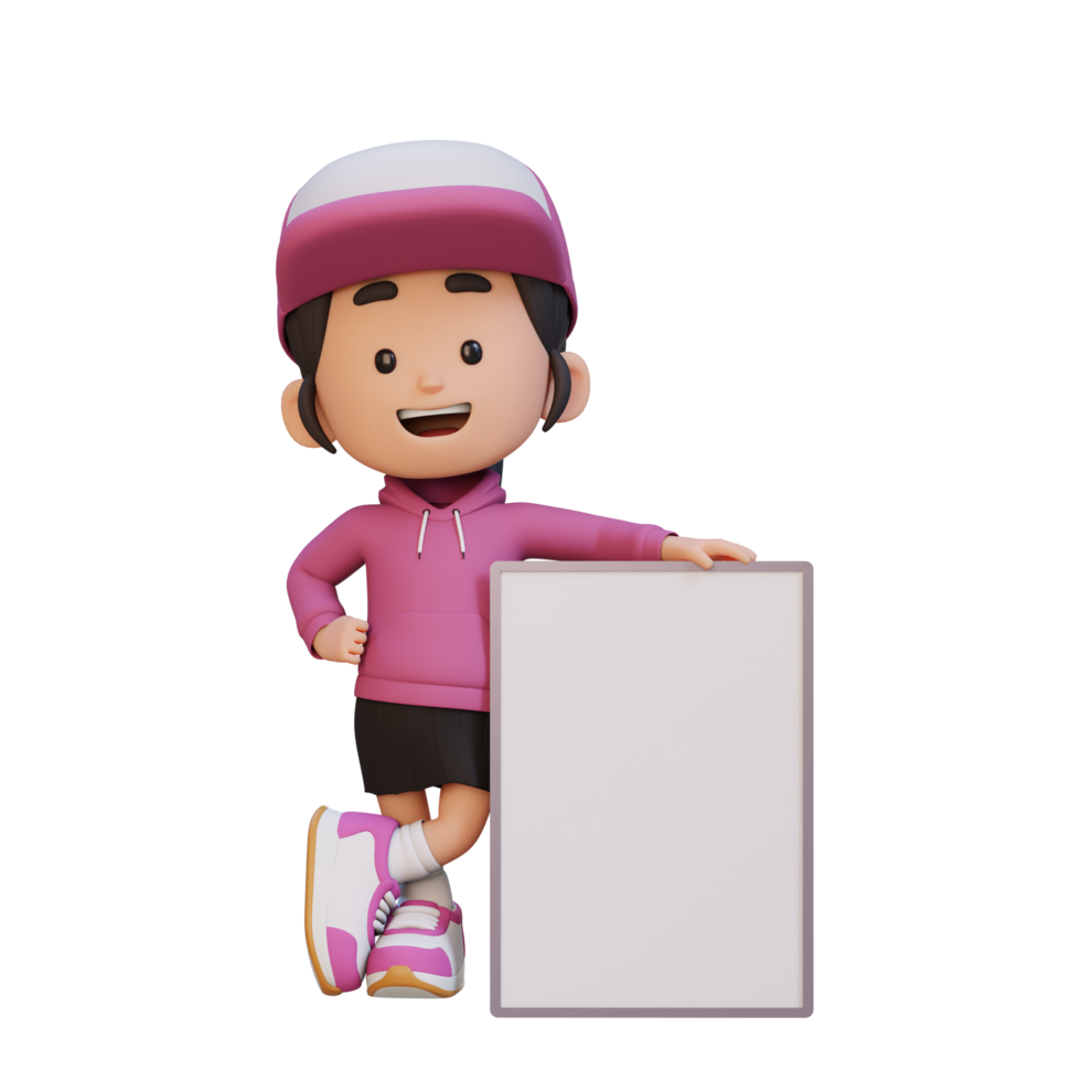 3D girl character holding a blank placard png
