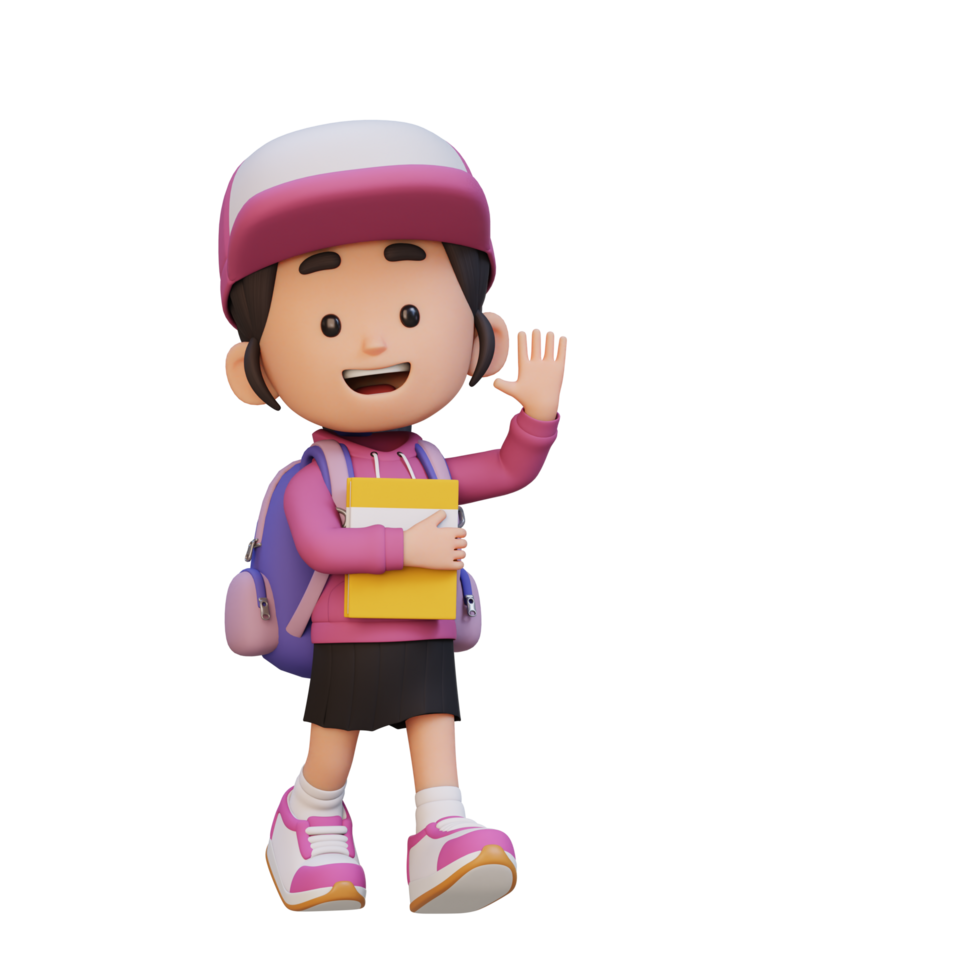 3D happy girl character walking go to school holding book and waving hand png