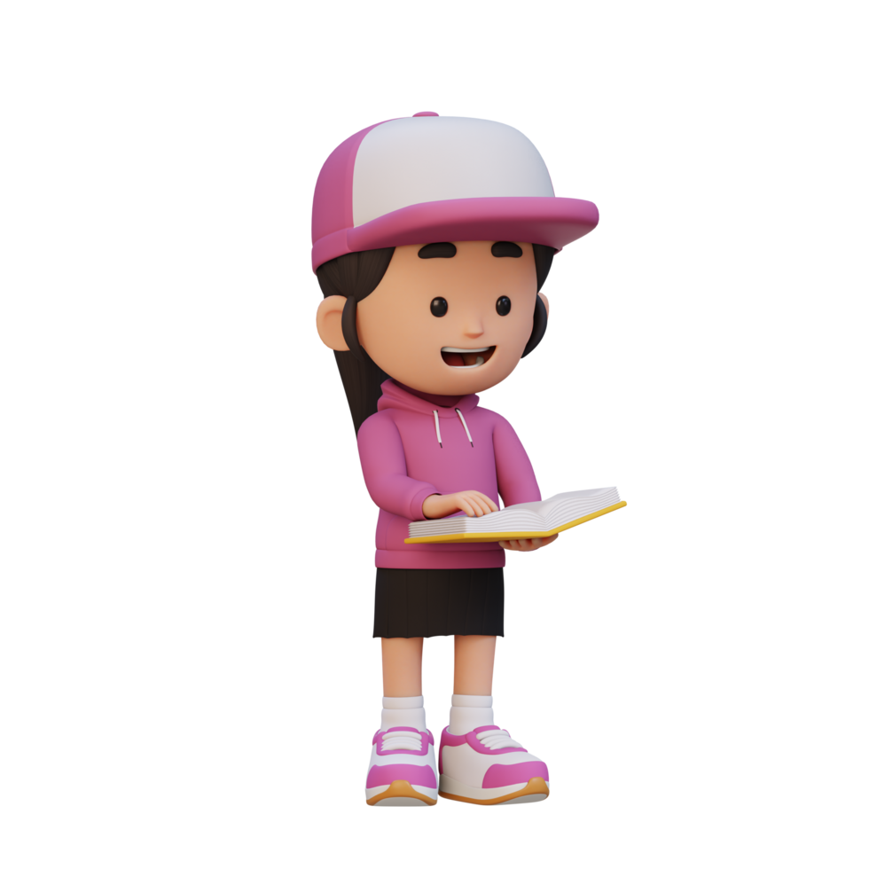 3D happy girl character reading book png