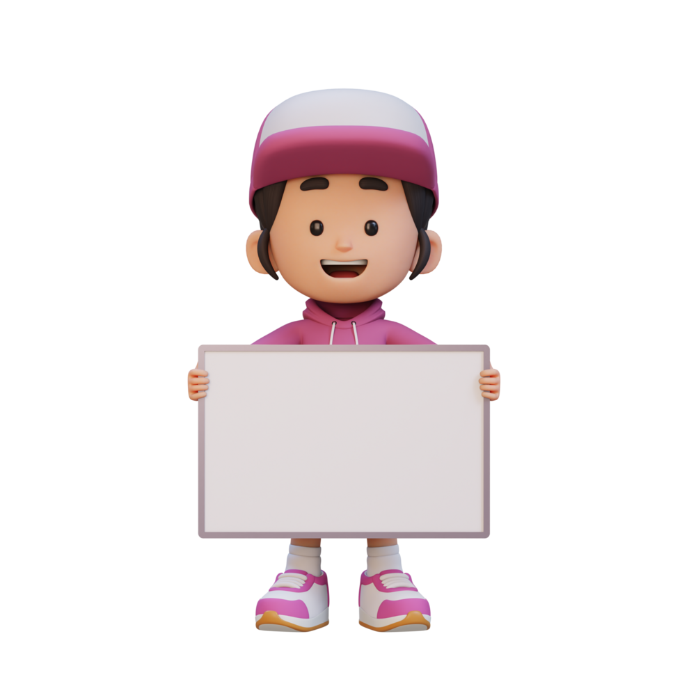 3D girl character holding a blank placard png