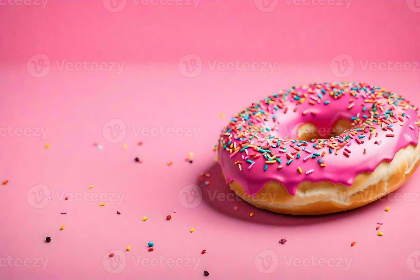 AI generated a donut with pink icing and sprinkles on a pink background photo