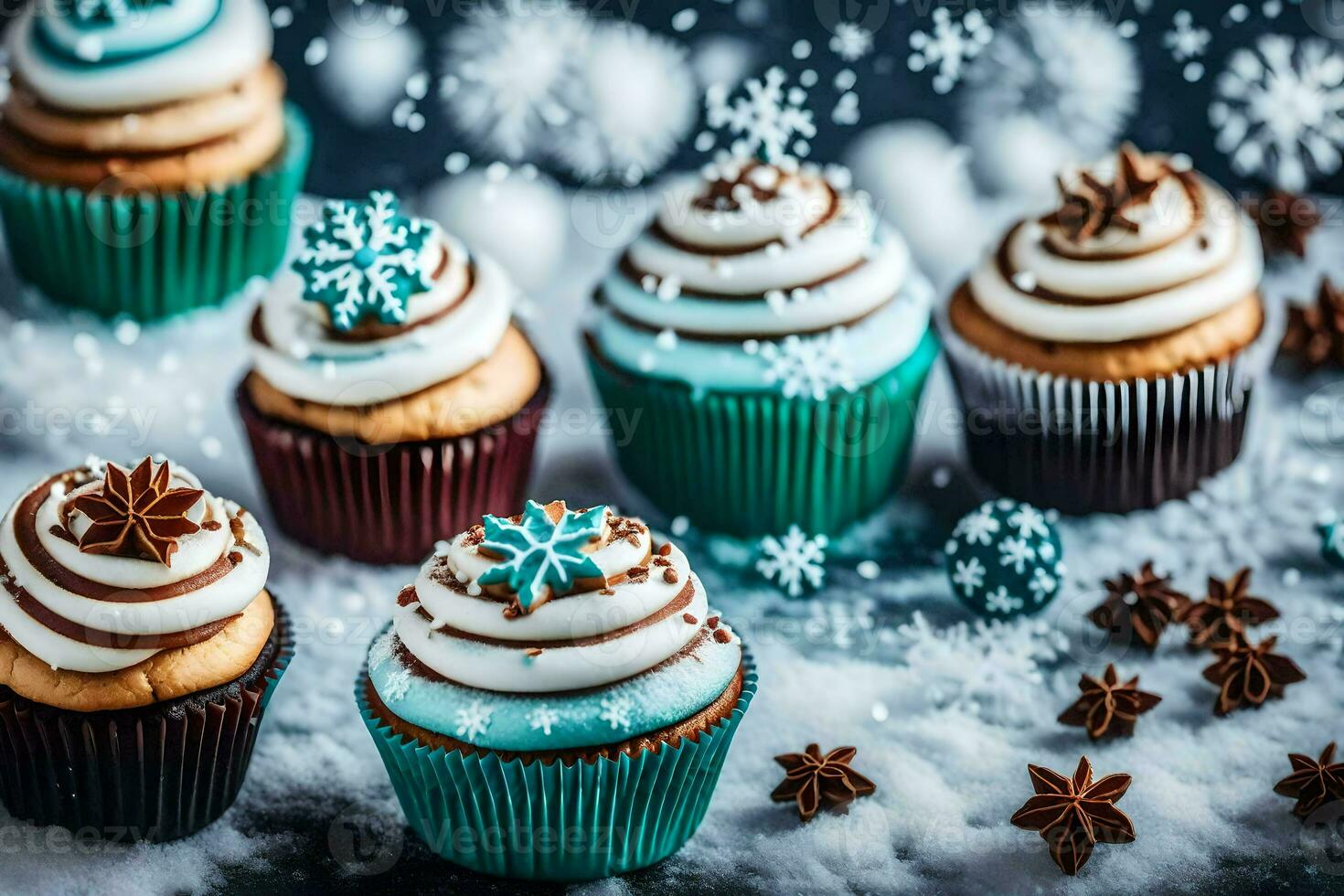 AI generated cupcakes with frosting and snowflakes on a table photo